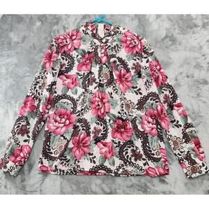 Vintage Pyke LTD Top Womens M Pink Floral High Pleated V-Neck Long Sleeve Zip